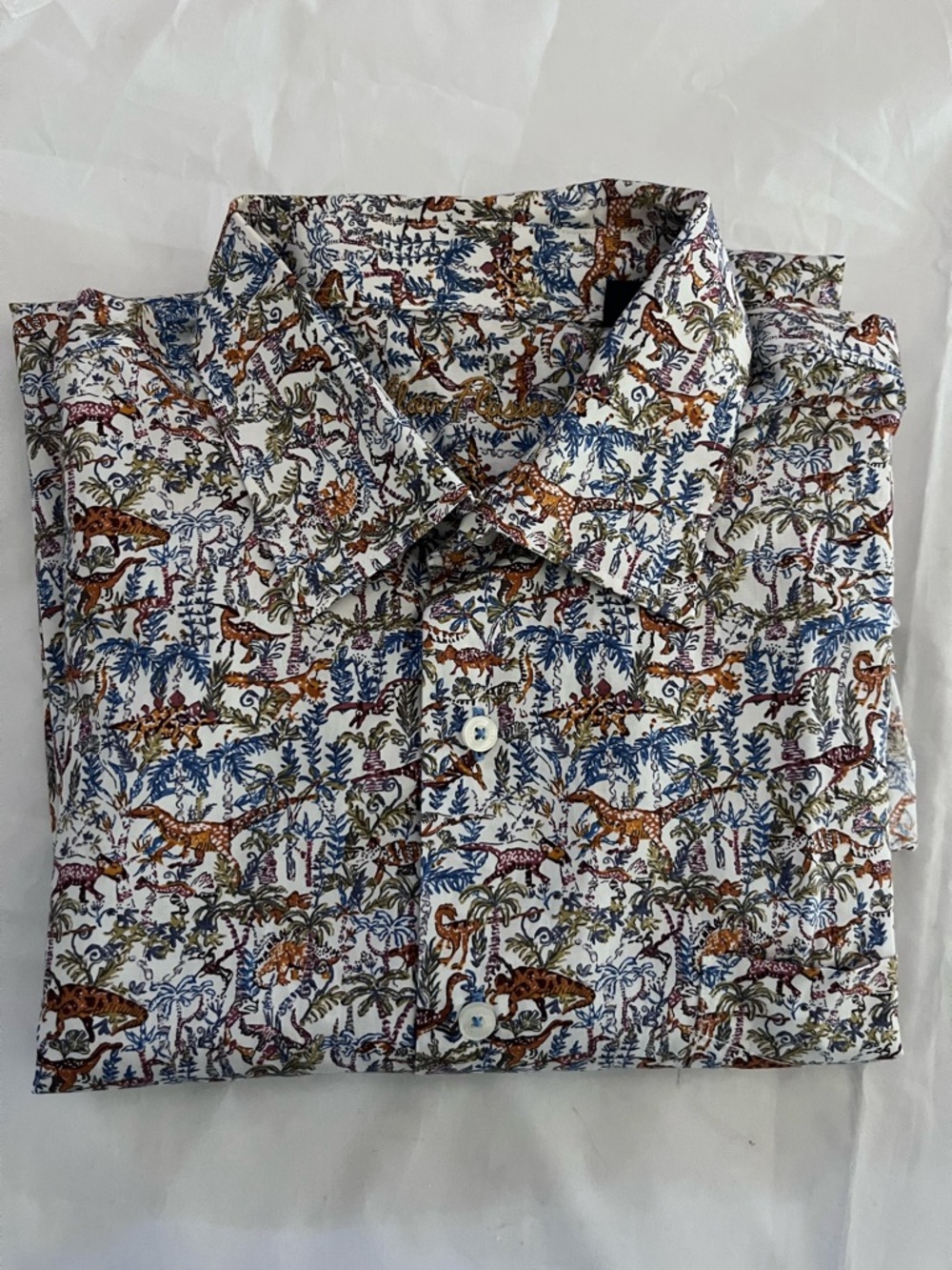 Alan Flusser White Button-Down Shirt with Multicolor Jungle Print